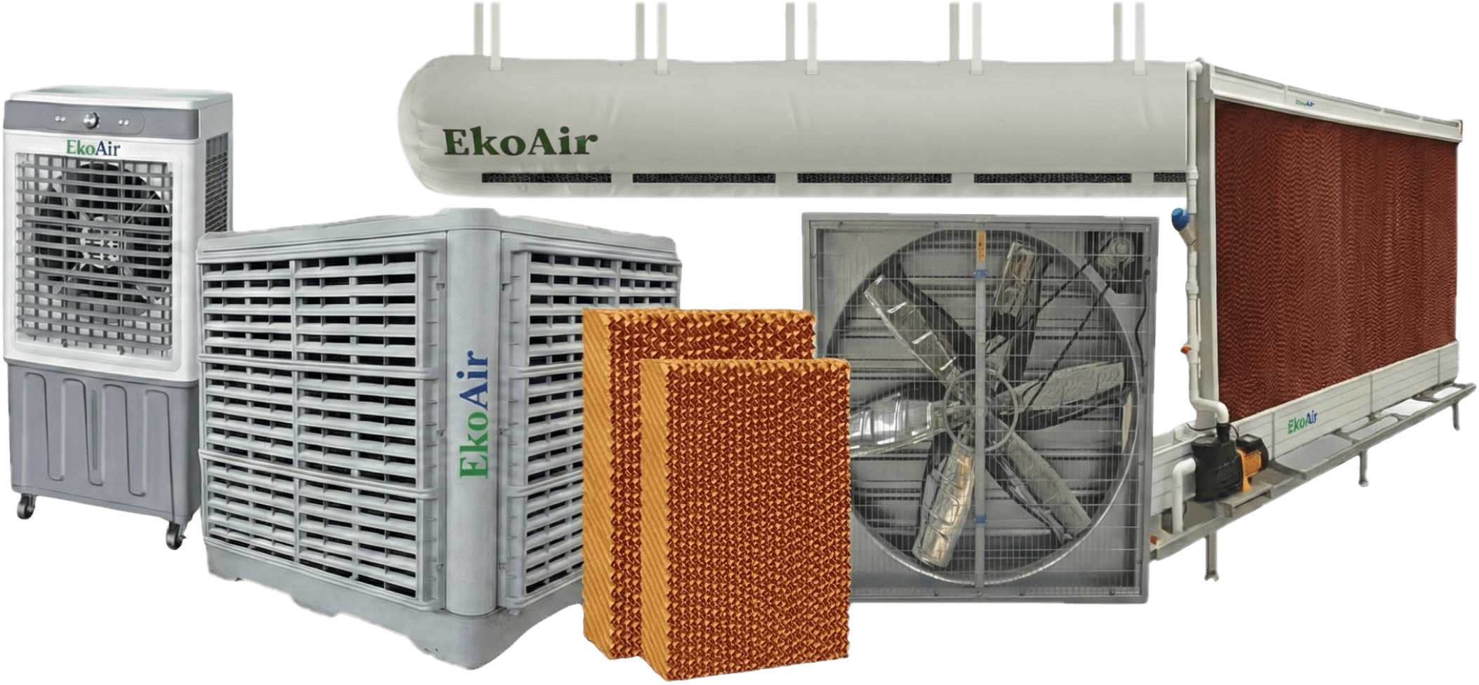 EkoAir endüstriyel havalandırma ürün ailesi – evaporatif soğutucu, egzoz fanı, soğutucu petek, kumaş kanal