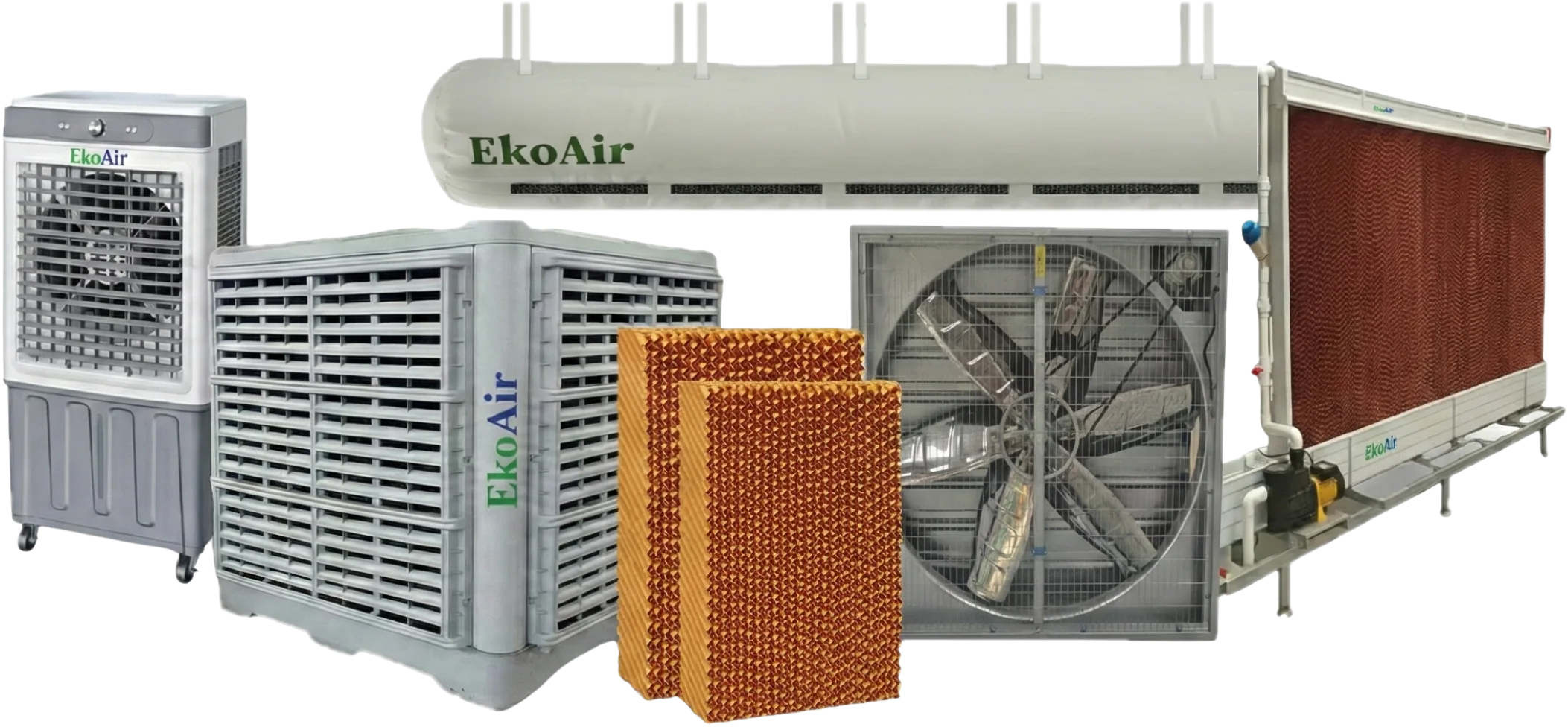 EkoAir endüstriyel havalandırma ürün ailesi – evaporatif soğutucu, egzoz fanı, soğutucu petek, kumaş kanal
